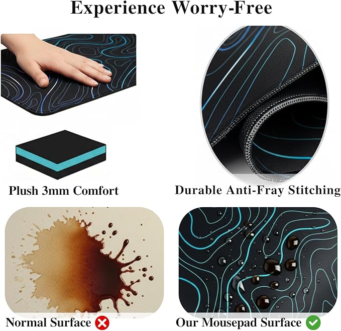 Topographic Large Mouse Pad (31.5x11.8 Inch), Aesthetic Desk Mat with Stitched Edges, Waterproof Non-Slip Keyboard Pad for Office & Home, Blue Line Art Desk Decor