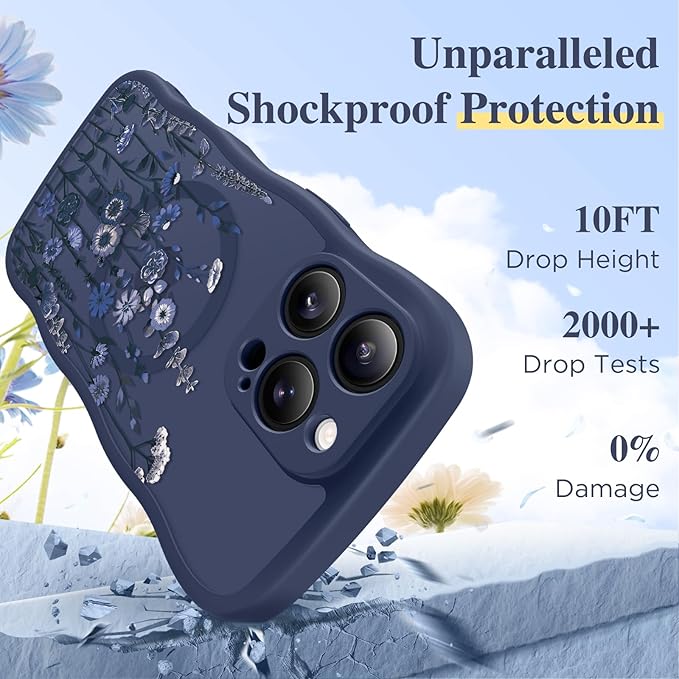 GVIEWIN for iPhone 16 Pro Max Case Compatible with MagSafe [Curly Wave Edge][Full Camera Protection] Floral Translucent Shockproof Magnetic Women Phone Case for 16 Pro Max, Floratopia/Blue