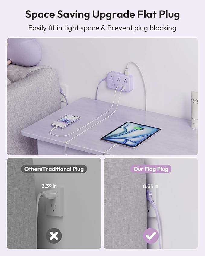 Purple Extension Cord Surge Protector Power Strip with 6 Outlets 4 USB Ports(20W), Flat Extension Cord with Multiple Outlets, 5 ft Flat Plug Outlet Extender for Indoor, Office