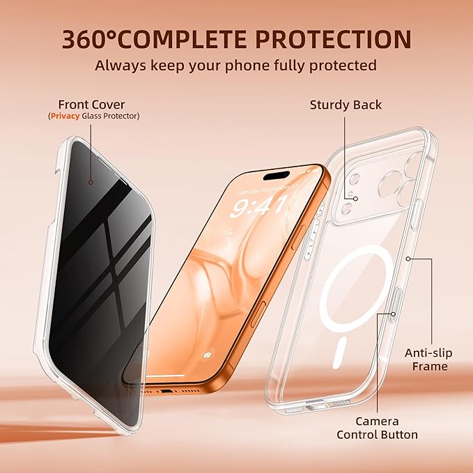BERFY for iPhone 17 Pro Max Case, Compatible with MagSafe, Built-in Privacy Screen Protector, Camera Protection, Shockproof Full Body Phone Case 6.9", Clear