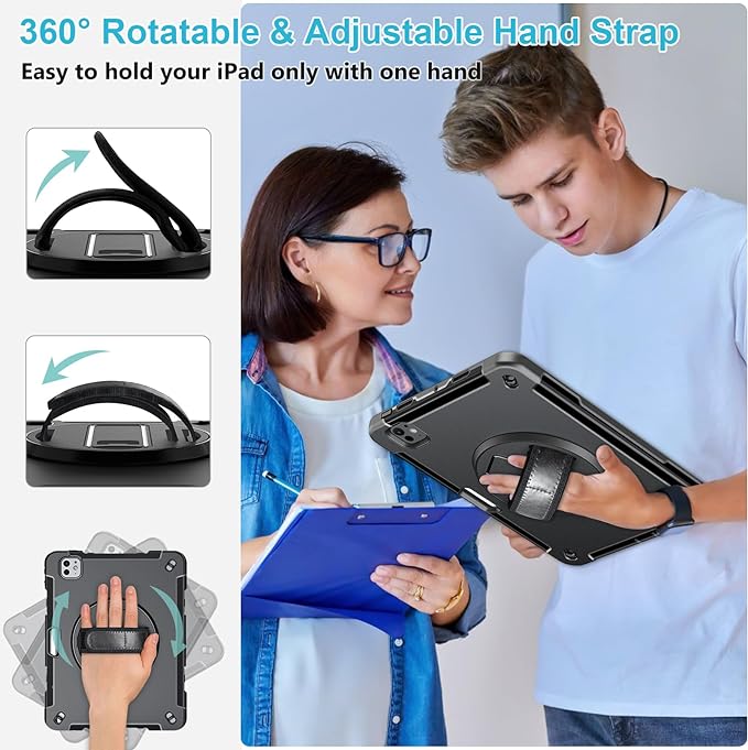 Case for iPad Pro 11 M5 2025/ M4 2024: Protective Cover for iPad Pro 11 Inch 5th Generation with Screen Protector- Stand- Handle- Shoulder Strap- Pencil Holder- Black