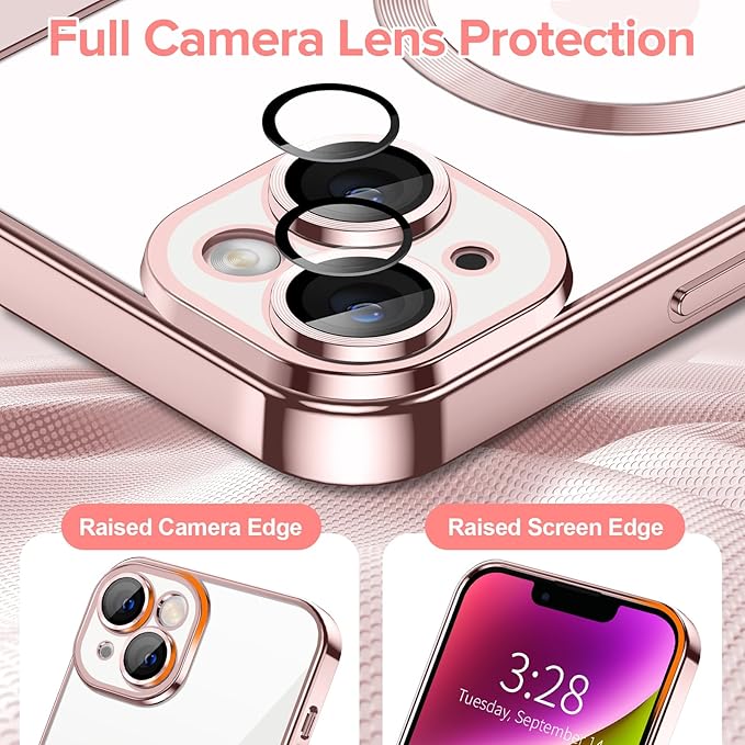 Hython Magnetic Clear for iPhone 14 Plus Case with Camera Lens Protector [Compatible with MagSafe] Luxury Plating Edge Slim Soft TPU Cover Protective Phone Case for iPhone 14 Plus 6.7", Pink
