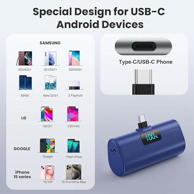 [2-Pack]Portable Charger for iPhone 16/15 Series,5200mAh PD USB C Power Bank Built-in USB-C Connector,Battery Pack Compatible with iPhone 16/16 Plus/16 Pro/16 Pro Max/15 Series,Android(Black+Blue)