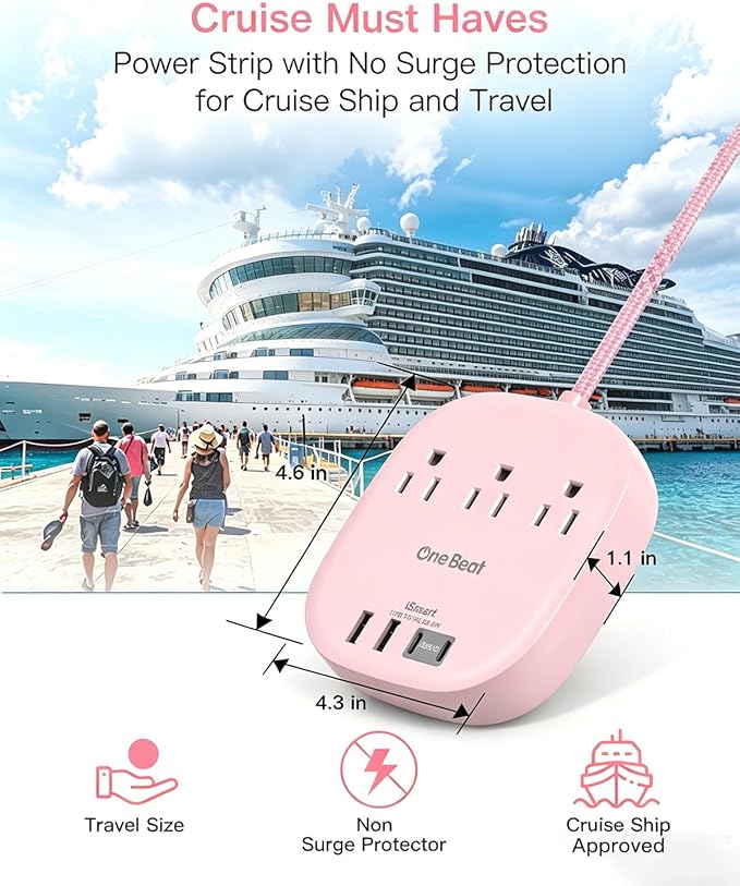 Cruise Ship Travel Essentials, 22.5W/4.5A Flat Plug Power Strip, 10Ft Long Extension Cord, 3 Outlets 4 USB Ports (2 USB C) Cruise Approved Power Strip No Surge Protection, USB Charging Station, Pink