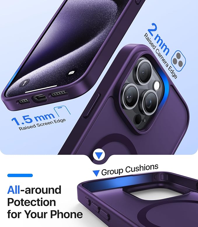 Magnetic for iPhone 15 Pro Max Case[Compatible with MagSafe][Military-Grade Drop Protection][Anti-Yellowing] Shockproof Translucent Matte Cover for iPhone 15 Pro Max Phone Case,Deep Purple
