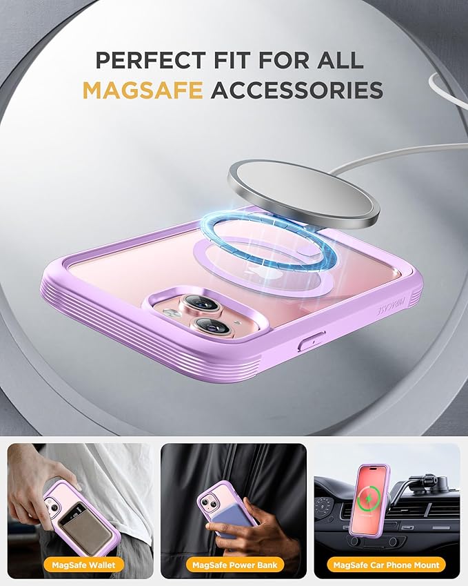 Miracase Magnetic for iPhone 15 Plus Case 6.7'' [Compatible with Magsafe] Full-Body Military Drop Proof 15 Plus Phone Case Cover with Built-in 9H Tempered Glass Screen Protector,Light Purple