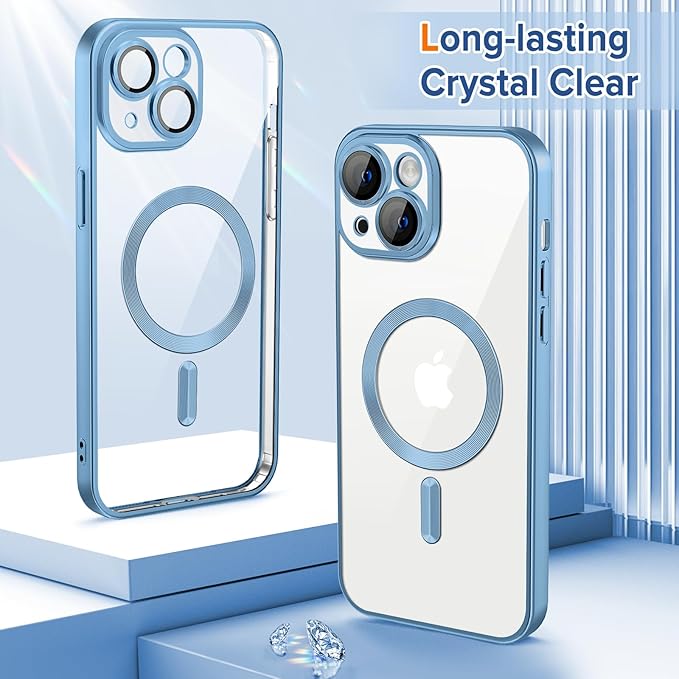 Hython Magnetic Clear for iPhone 14 Case with Camera Lens Protector [Compatible with MagSafe] Luxury Plating Edge Slim Soft TPU Cover Protective Phone Case for iPhone 14 6.1", Matte Light Blue