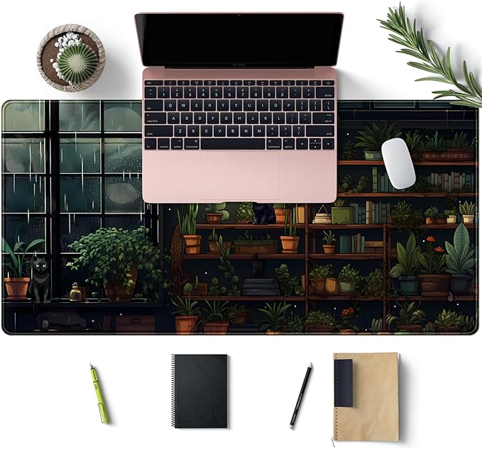 Lofi Cat Desk Mat Dark Green Plant Books Desk Pad Black Cat Aesthetic Anime Big Mouse Pad Large Gaming Mousepad XL Cool Keyboard Pad Deskmat Laptop Computer Mouse Mat 31.5X 15.7in