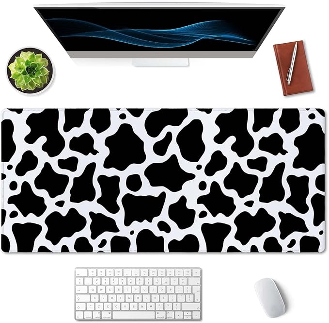SSOIU White Black Cow Pattern Desk Pad, Personalized Desk Mat, Cow Print Desk Mat, Cute Desk Pad, Extended Gaming Mouse Pad (35.5x15.7 in), Large Non-Slip Rubber Base Mousepad with Stitched Edges