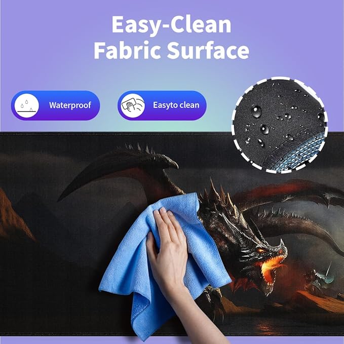 Large Gaming Mouse Pad (31.5" x 15.8") - Fantasy Scene Knight Fighting Dragon, Extra XXL Extended Office Accessories, Premium Stitched Anti-Slip Desk Mat