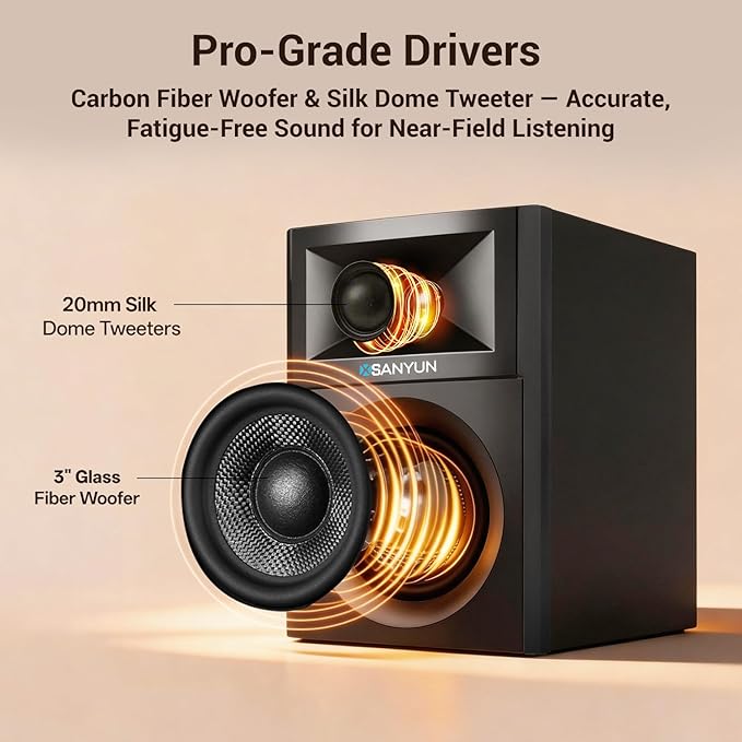 Sanyun SW203 2.0 Desktop Computer Speakers - Near-Field 3D Stereo with Vertical Imaging - 60W Triple-DSP Dual Independent Drive - 24bit USB-C DAC Bluetooth 5.4 AUX, HiFi PC Gaming (Pair, Black)