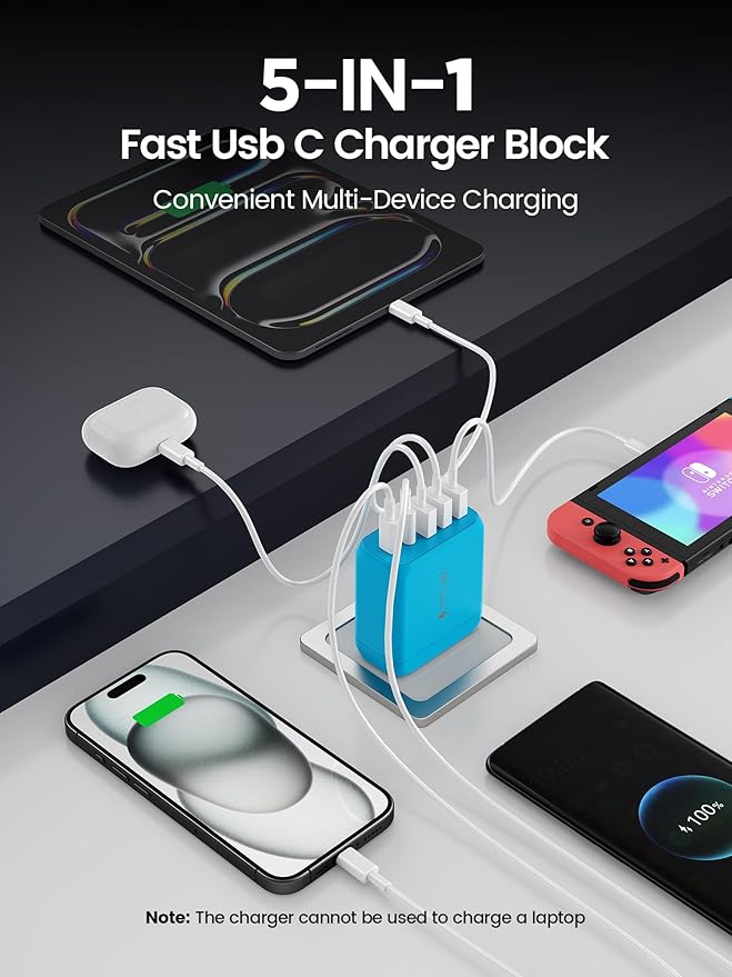 EIZLXQ USB C Charger Block, [2-Pack] Type C Charger Fast Charging,50W 5-Port USB Wall Charger Multiport Type C Charging Block Cube for iPhone 17/16/15/14/13/12/11 Pro Max XS,iPad,Samsung&More-Blue