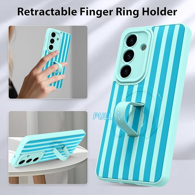 KANGHAR Compatible with Samsung Galaxy S26 Case, Support for MagSafe, Silicone Stripes Cute Pattern, Wristband Kickstand Camera Protection Soft Slim Cover for Girls Women -Blue