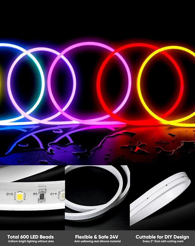 Shine Decor 24V Neon Rope Lights Smart APP Control Music Sync, 32.8FT/10M RGB Neon LED Strip Lighting for Indoor Outdoor Bedroom Gaming Light, Color Changing Dimmable Flexible IP65 Waterproof