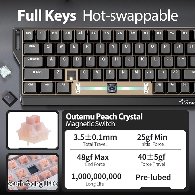 GK GAMAKAY x NaughShark NS68 Rapid Trigger Wired Gaming Keyboard, 65% Hall Effect Mechanical Keyboard, 8KHz Polling Rate 0.01mm RT, Snap Tap, Outemu Peach Crystal Magnetic Switch (Black-Shine Through)