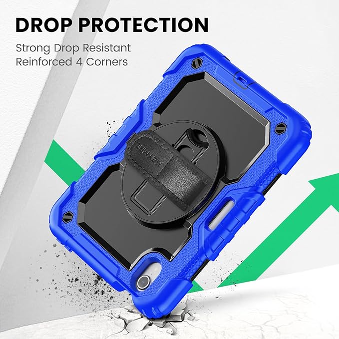 SEYMAC Case for iPad mini 7th Generation (A17 Pro) 2024/ Mini 6th Generation 8.3 Inch, Full-Body Shockproof Protective Case with Screen Protector, 360° Rotating Stand, Hand/Shoulder Strap, Blue