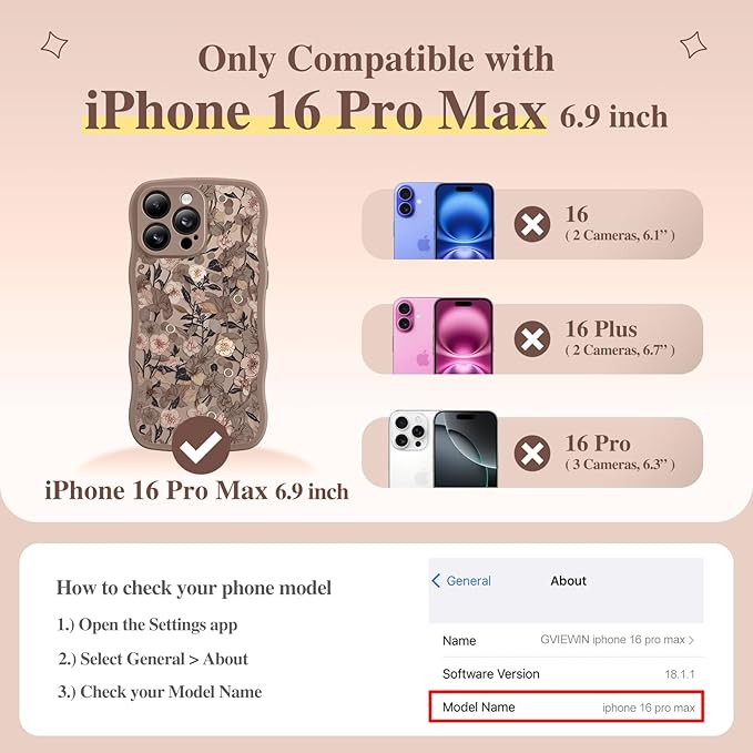 GVIEWIN for iPhone 16 Pro Max Case Compatible with MagSafe [Curly Wave Edge][Full Camera Protection] Floral Translucent Shockproof Magnetic Women Phone Case for 16 Pro Max, Apricot Blossom/Brown