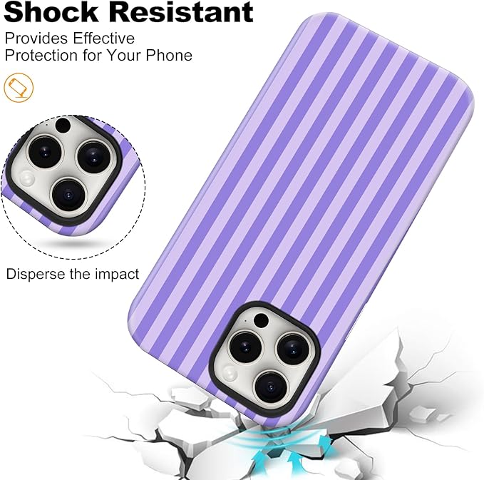 Magnetic for iPhone 15 Case Cute Stripes Phone Case, Shockproof Slim TPU and Hard PC Protective Phone Cover Compatible with MagSafe Designed for Women Girls, Light Purple