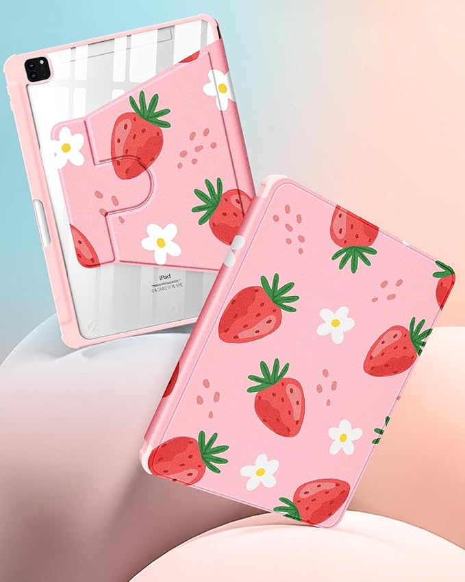 Uppuppy for iPad Air 11 inch Case, Air 5th/4th Generation 10.9, Pro 11'' Case Women Girls for Apple Pencil Holder Cute Strawberry Rotating Folio Cover for iPad Air 11 2024 (M2), 10.9 2022 2020, Pro 11