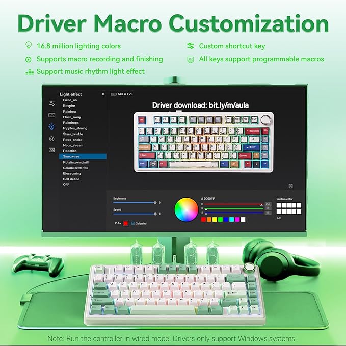 Aula F75 Gaming Keyboard, 75% Wireless Keyboards RGB Backlit with Knob, Tri-Mode Hot Swappable Mechanical Keyboard for PC Gamer - Green