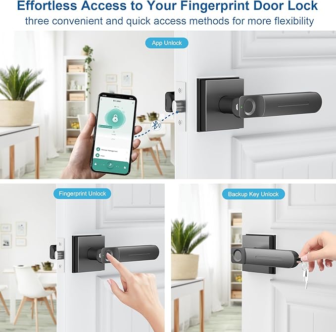 Fingerprint Door Lock & Biometric Door Knob with App – 3-in-1 Keyless Entry Smart Door Lock with Auto-Lock & Interior Lockable, Secure Your Home, Office, Bedroom & Apartment Black