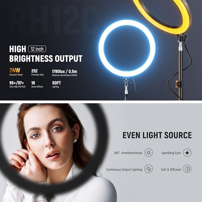 NEEWER 12" Ring Light with Stand Tripod Compatible with iPhone, 24W LED RGB Lighting with Phone Holder for Selfie Studio Photography Video Recording Makeup Lash Streaming, 2500-10000K CRI95+, RH12C