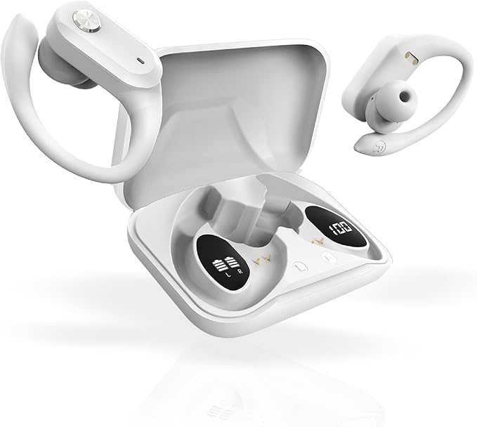 RCA Wireless Earbuds Bluetooth 5.3 Headphones Sport Sweat Resistant Sports Earphones with Earhooks,48H Playtime,Lightweight 7.8g,Fast Charging Case,Noise Cancelling Mic for Running Gym Workout-White