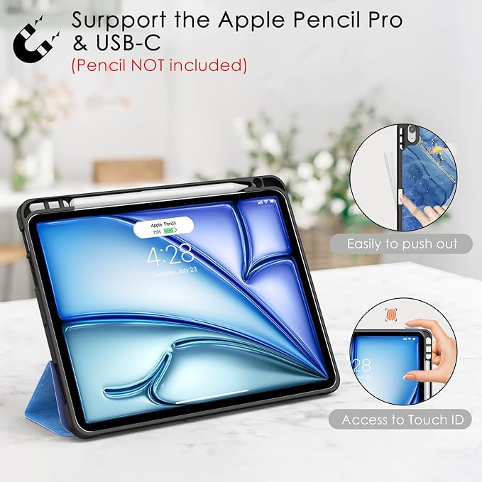 Soke Case for New iPad Air 11 Inch (M4/M3/M2, 2026-2024), iPad Air 5th/4th Generation 10.9 Inch (2020-2022) with Pencil Holder, Soft TPU Back Cover & Auto Sleep/Wake, Ocean Marble
