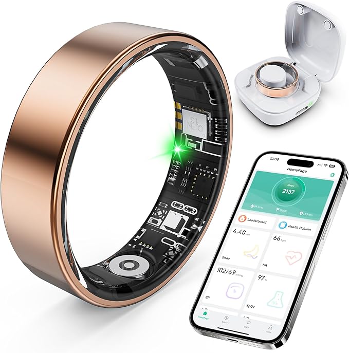Smart Ring with Sleep Monitoring, Step Counting, Heart Rate, Blood Oxygen for iPhone and Android, No Subscription Fee, IP68 Waterproof Health Tracker (Rose Gold, 7)