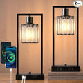 16" Desk Lamps for Home Office, Bedside Lamps with USB C+A Ports and Outlet, Black Fully Stepless Dimmable Industrial Table Lamps with Crytal Glass Shade for Reading Living Room, LED Bulbs Included