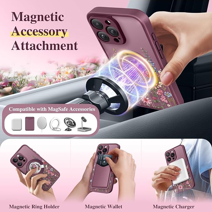 GVIEWIN for iPhone 15 Pro Case Compatible with MagSafe, [Military Grade Protection] [Screen Protector] Full Camera Protection Floral Translucent Women Magnetic Phone Case, Wild Petals/Red