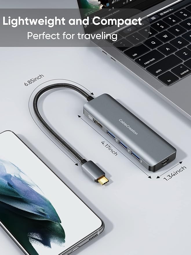 CableCreation USB-C Hub 4K 60Hz, 5-in-1 USB C Multiport Adapter with HDMI and 3 USB 3.0 Ports, 100W Power Delivery, Compatible with MacBook Pro, MacBook Air, Mac mini, iPad Pro, Surface Pro, XPS