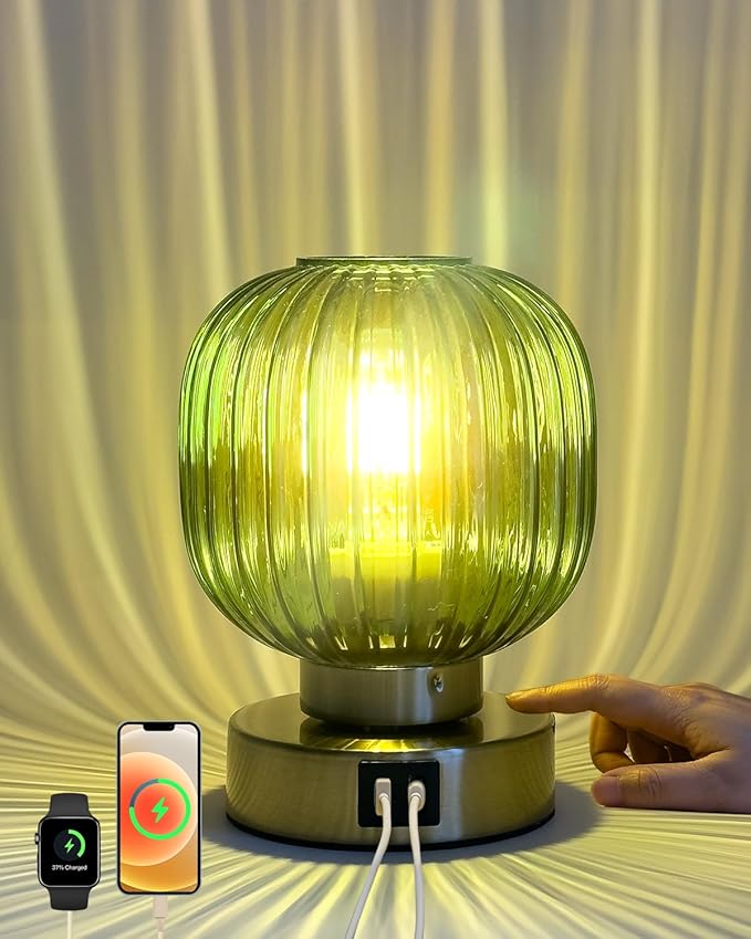 Elenhome Touch Small Table Lamp,Elegant Green Glass Bedside Lamp 3 Way Dimmable with USB C+A Charging Ports - Bedroom Nightstand & Living Room Essential, 4W Bulb Included (Green)