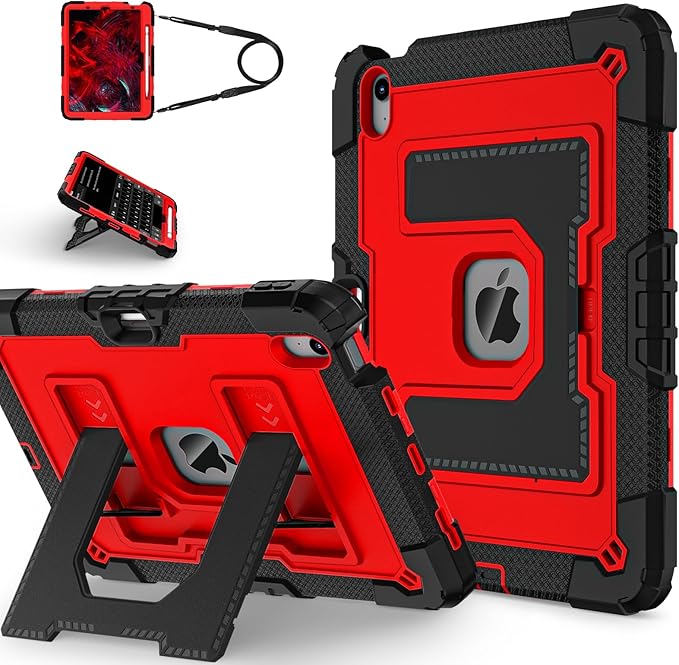 Kids Friendly Case for iPad Air 11 Inch M4 M3 M2 2026/2025/2024 Case with Pencil Holder & Shoulder Strap, Military Grade Shockproof Kickstand Hard Shell Protective Cover,Black+Red