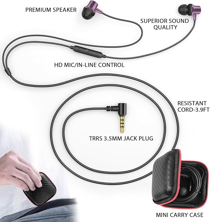 Wired Earbuds for School Chromebook Laptop PC, Noise Isolating Ear Buds with 3.5mm Plug in Audio Jack Microphone HiFi Stereo Wired Headphone Corded Earphone for Kindle Fire School Travel MP3, Purple