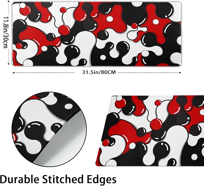 Red Black White Mouse Pad Anime Cool Geometric Japanese Extended Desk Mat 80X30cm Non-Slip Rubber Base Stitched Edge Large XL Mousepad for Desk Gaming Laptop Desktop,31.5×11.8 Inch