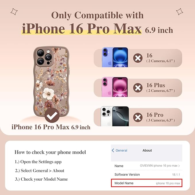 GVIEWIN for iPhone 16 Pro Max Case Compatible with MagSafe [Curly Wave Edge][Full Camera Protection] Floral Translucent Shockproof Magnetic Women Phone Case for 16 Pro Max, Corn Poppy/Brown