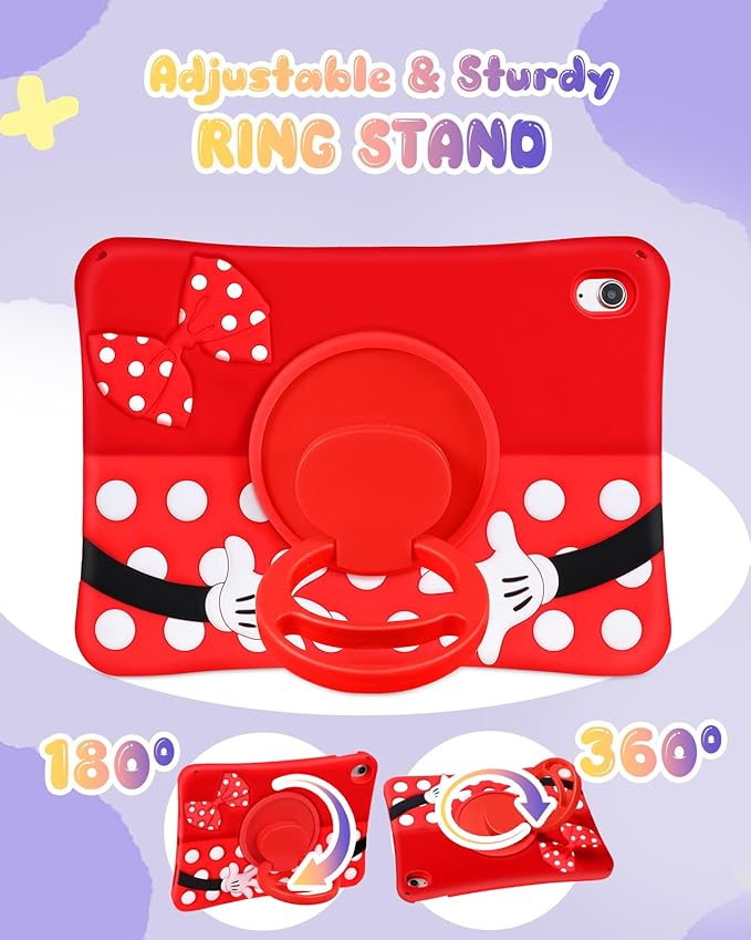 Lotadilo Cute for iPad A16 Case/for iPad 10th Generation/11 Inch Case - Silicone 3D Design for Girls Women Teens Girly Kawaii Funny Cartoon Soft Stand with Lanyard, Red Point