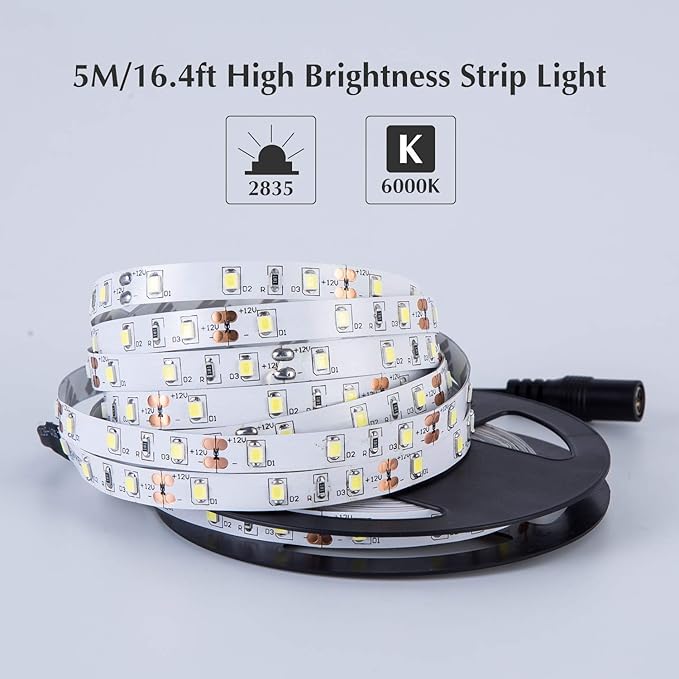 White LED Strip Lights, Waterproof cuttable 300 SMD 2835 LED Tape, 6000K 12V Flexible Ribbon, Kitchen Cabinet Lighting, Outdoor/Indoor (White(16.4ft))
