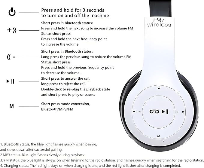 Wireless Bluetooth Over-Ear Headphones, Hybrid Noise Cancelling, HiFi Stereo, Foldable, Lightweight, Deep Bass, Black