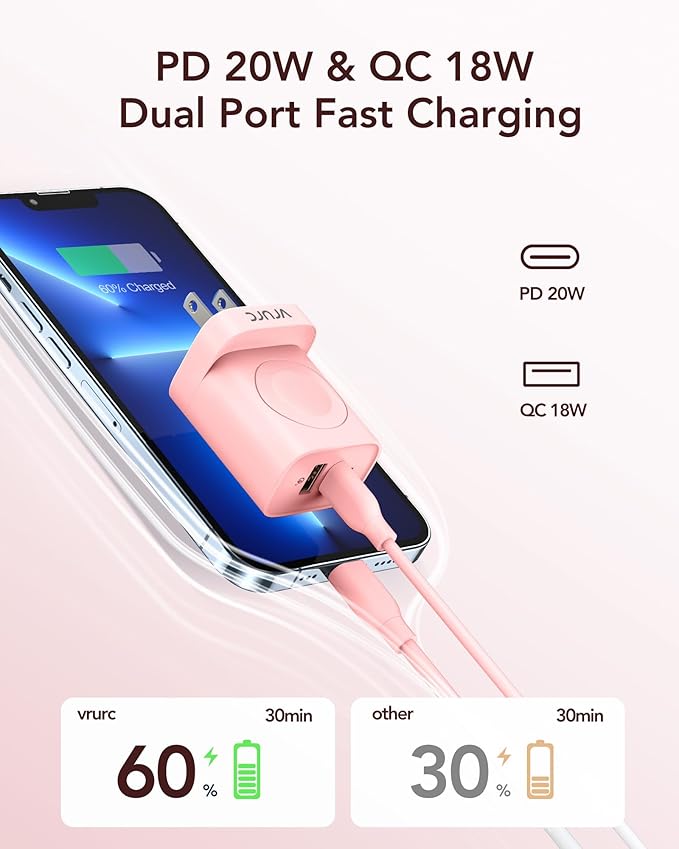 VRURC Charger for iPhone & Apple Watch, 20W USB C Fast Charging Block, 3-in-1 Compact Travel Adapter with 2 Port for iPhone 17/16/15/14/13, Wireless Magnetic for iWatch SE/11/10/9/8/7/6/5/4-Pink