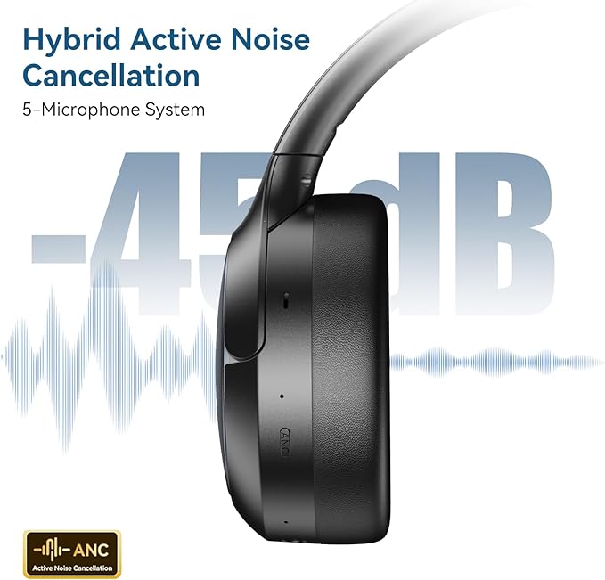 Hybrid ANC Wireless Over-Ear Headphones, 100H Playtime, Hi-Res Audio, Bluetooth 6.0, Multi-Mode Noise Cancellation, Comfort Fit, iOS & Android Compatible, Foldable Design, Travel-Friendly (Black)