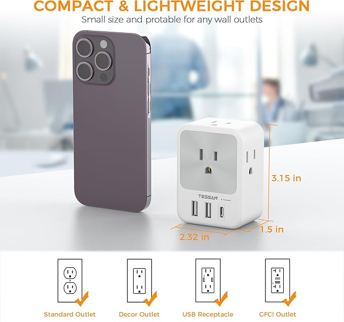 TESSAN Surge Protector Wall Outlet Extender, Multi Plug Outlet Splitter with 3 USB Charging Blocks(1 USB C), Multi Plug Wall Charger for Home, Office, School, College Dorm Essentials, Grey