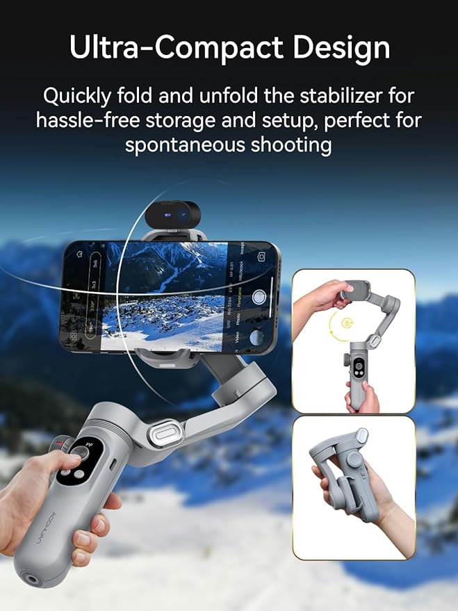 AOCHUAN 3-Axis Phone Gimbal, Gimbal Stabilizer for iPhone w/AI Vision Sensor, Portable for iPhone/Andriod, Phone Stabilizer Built in Fill Light Perfect for TikTok YouTube-Smart XPro AI Grey