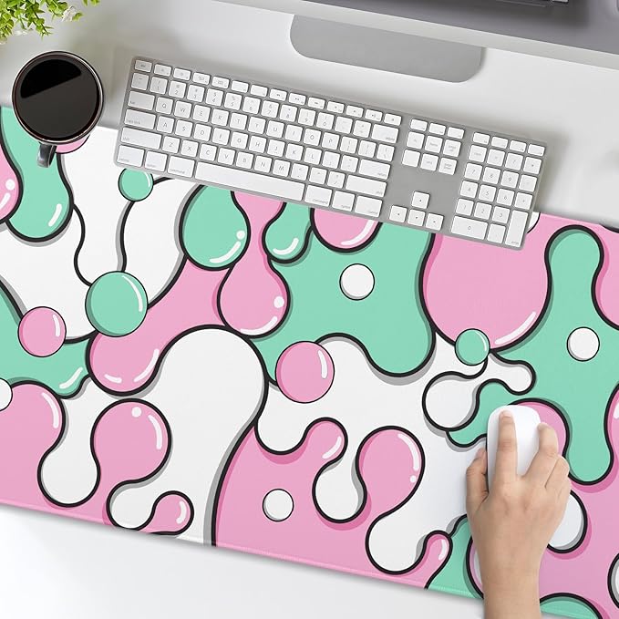 Pink Green Mouse Pad Anime Cool Geometric Japanese Extended Desk Mat 90X40 CM Non-Slip Rubber Base Stitched Edge Large XXL Mousepad for Gaming Laptop Computer Desktop 35.4×15.7 Inch