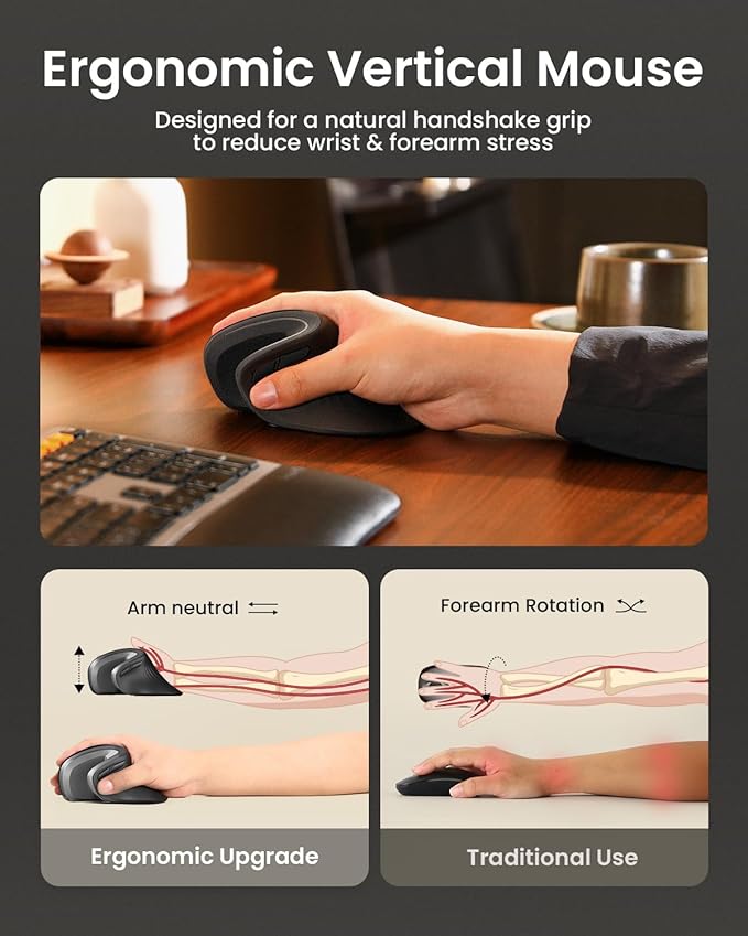 ProtoArc Ergonomic Mouse, EM11 NL Bluetooth Rechargeable Wireless Vertical Mouse, 3 Multi-Device Connectivity for Computer/PC/Laptop, 2.4GHz USB-A Optical Mice for Windows, Mac OS, Gray