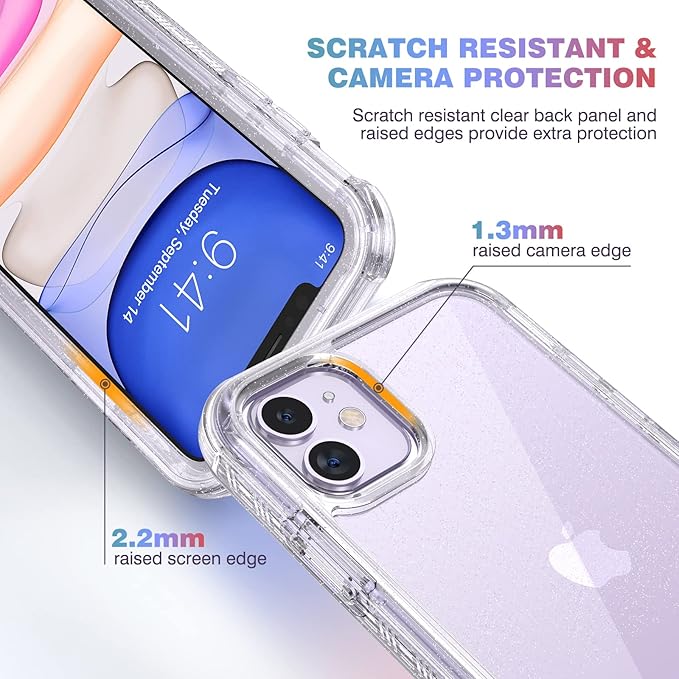 Diaclara Compatible with iPhone 11 Case, Full Body Rugged with Built-in Touch Sensitive Anti-Scratch Screen Protector, Soft TPU Bumper Case Clear Compatible with iPhone 11 6.1" (Clear Glitter)