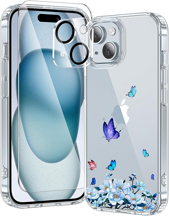 toushion 3 in 1 for iPhone 15 Plus Case Clear Printed Design | Yellowing-Resistant Acrylic Back, Screen Protector *1 & Camera Lens Protector*1, Military-Grade Protection
