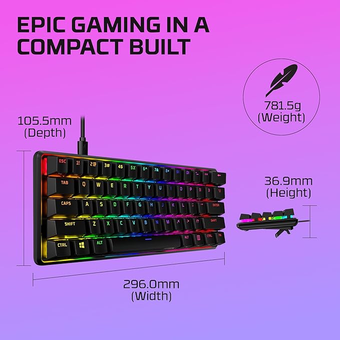 HyperX Alloy Origins 60 - Mechanical Gaming Keyboard - Ultra Compact 60% Form Factor - Tactile Aqua Switch - Double Shot PBT Keycaps - RGB LED Backlit - NGENUITY Software Compatible,Black