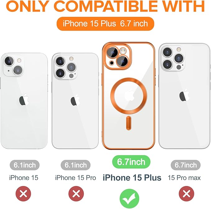 Hython Magnetic Clear for iPhone 15 Plus Case with Camera Lens Protector [Compatible with MagSafe] Luxury Plating Edge Slim Soft TPU Cover Protective Phone Case for iPhone 15 Plus 6.7", Matte Orange